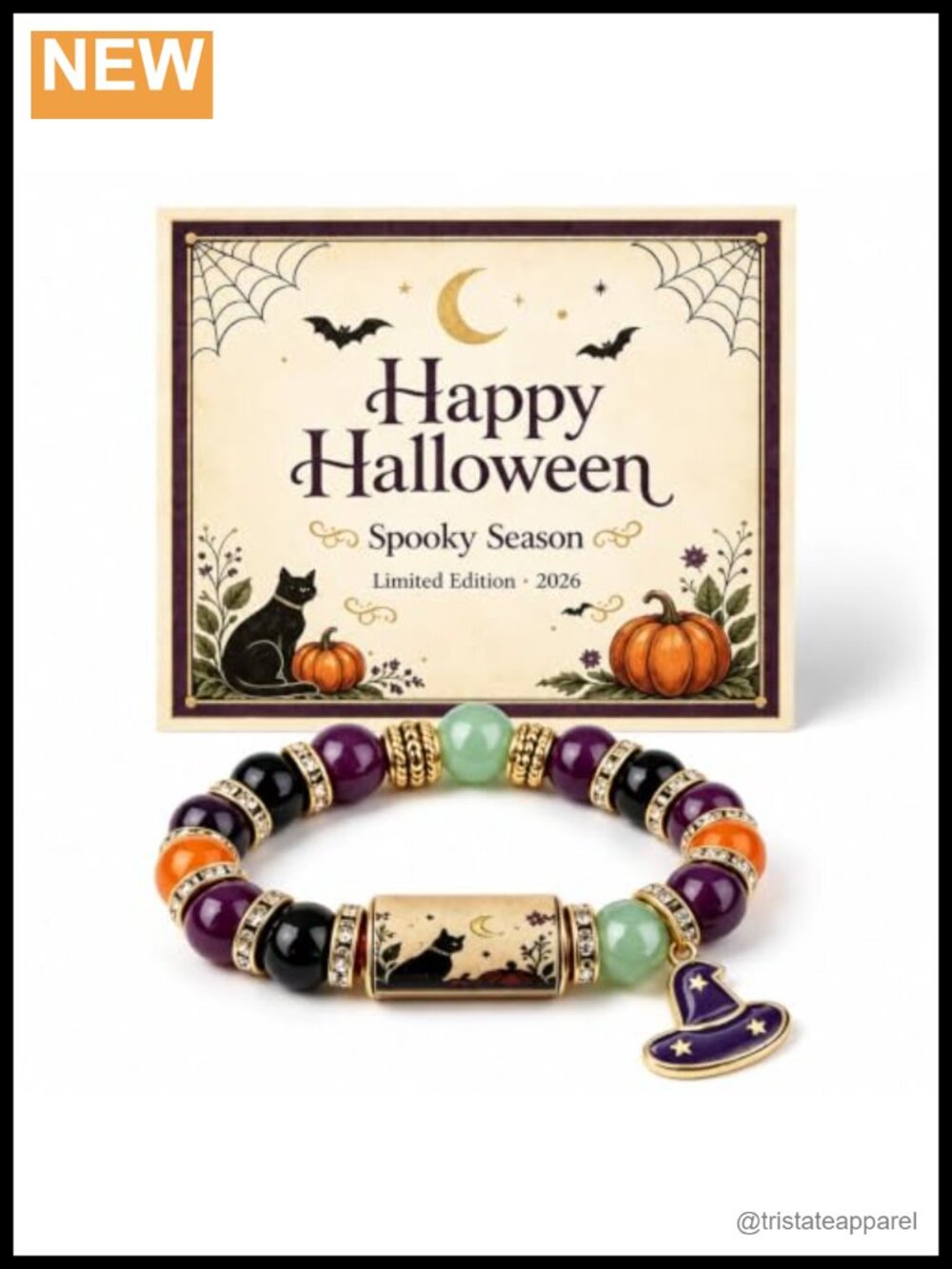 Halloween Bracelet Black Cat Witch Hat Charm Crystal Beads Stretchy Costume